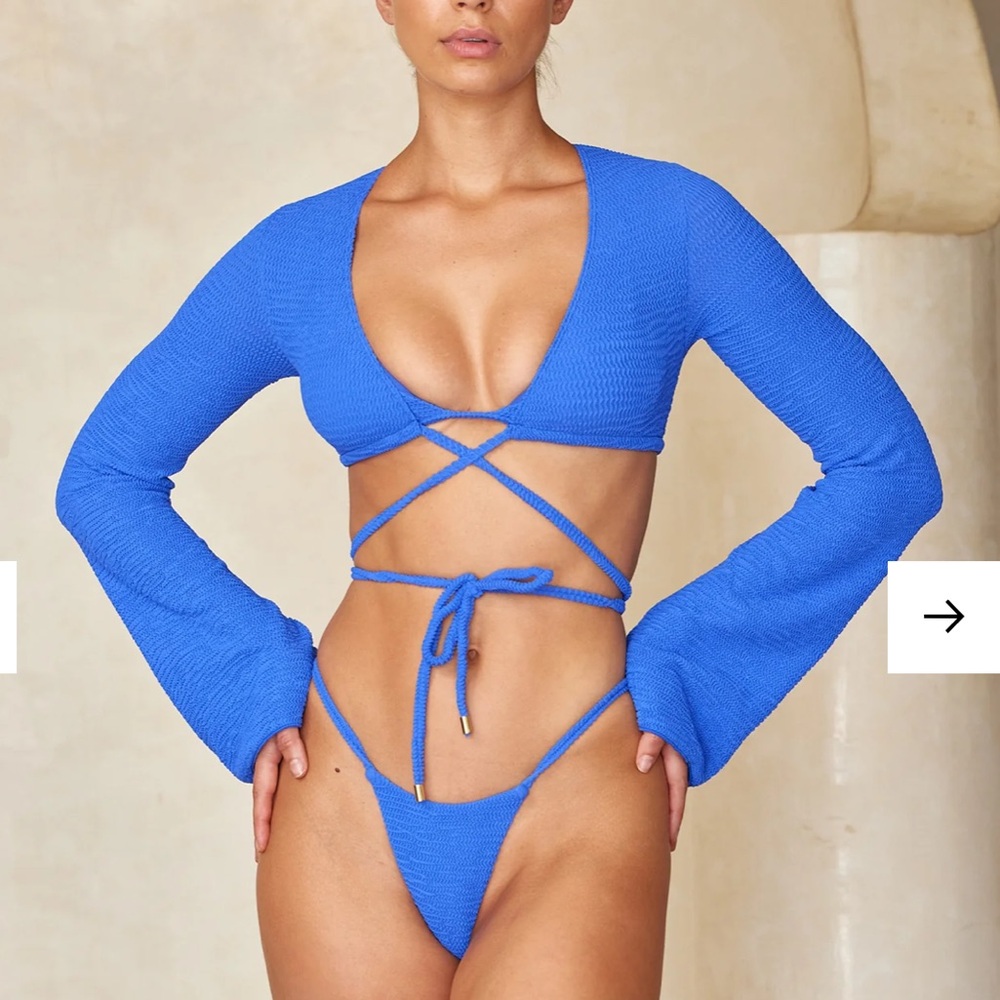 Blue Crinkle Wrap-Detail Long Sleeve Bikini Set